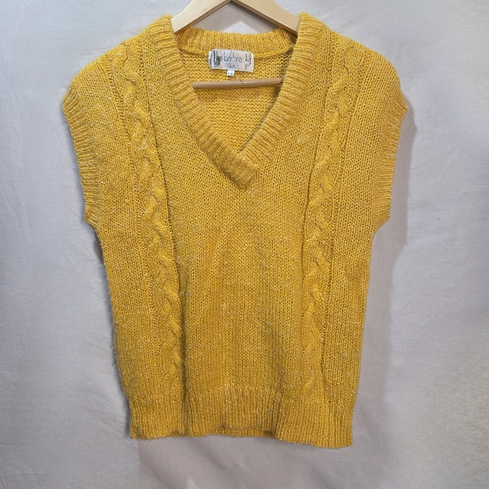Retro Layering Cable Knit Bright Yellow Sparkle Sweater Vest V Neck Sz Lg